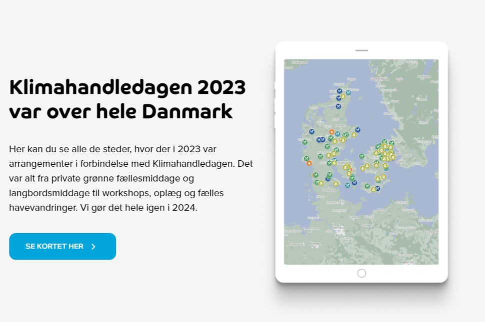 Screenshot fra Klimahandledagens hjemmesiden, hvor der står at Klimahandledagen 2023 var over hele Danmark, og visualiserer alle de steder der var tilmeldt Klimahandledagen på et kort